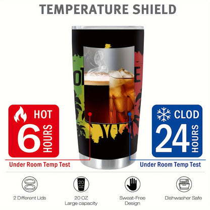 1-Pack 20oz Insulated Stainless Steel Tumbler with Lid - One Love Reggae-Themed Leakproof & -Slip Travel Cup, Green/Yellow/Red Rasta Colors, Flag Design for Camping, Office, Parties - Hand Wash Only (Bob Marley Inspired)