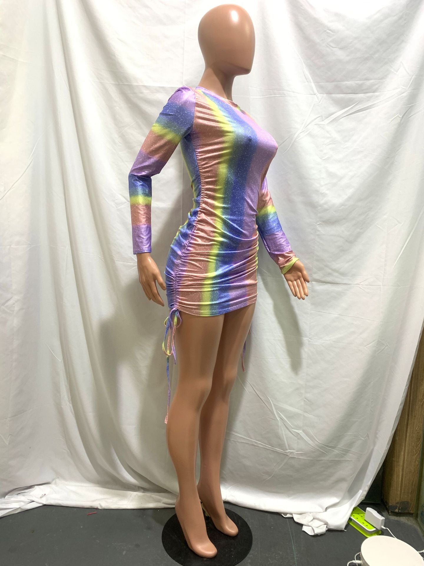 Women'S Sexy Gradient mini dress - Long Sleeve Party & Everyday Outfit, Pastel Pink to Blue Purple Ombre, Drawstring Waist Casual Chic Formal Dress for Women, Versatile Fashion, Trendy Outfit, Comfortable Fit, Fashion Lovers