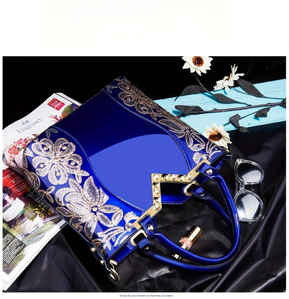 Designer Floral Embroidery Patent Leather Handbag for Women, Large Capacity Shoulder Tote with Zipper Closure, Polyester Lined, Paint Detail, Party Bag