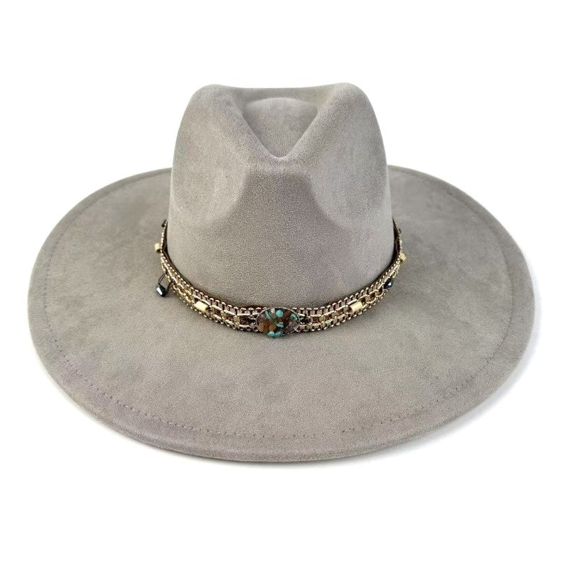 1pc Bohemian-Style Wide-Brimmed Women'S Felt Hat - with a Turquoise Bead Chain Decorative Band - Suitable for Holiday Dress-Up, Cowboy-Inspired Looks, Daily Casual Wear, And As a Photography Prop for Bohemian Home Decor, Fest