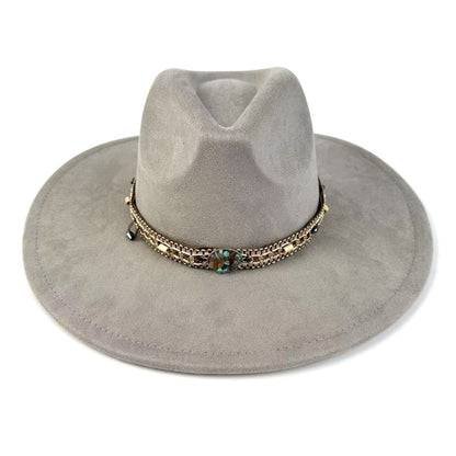 1pc Bohemian-Style Wide-Brimmed Women'S Felt Hat - with a Turquoise Bead Chain Decorative Band - Suitable for Holiday Dress-Up, Cowboy-Inspired Looks, Daily Casual Wear, And As a Photography Prop for Bohemian Home Decor, Fest