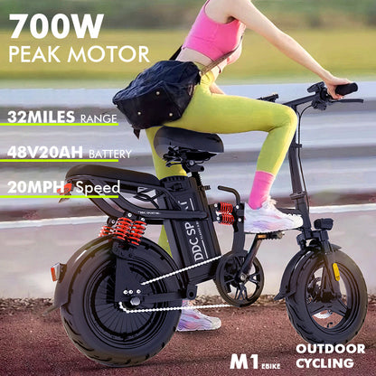 M1 Electric Bike For Adults,32 Miles Range,700W peak motor,20MPH Speed, 48V 20Ah Removable Battery, Dual Disc Brakes, Front And Rear Suspension & Commuter EBike, 14'' all-purpose tire, LCD Mileage Display