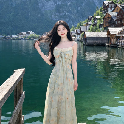 New French Floral Spaghetti Suspender Dress - Soft-Style Tea Dress, Women's Fresh Floral Waist-Tied Golden-Stamped Bow Spaghetti Suspender Dress