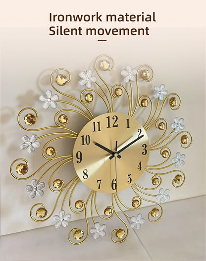 1pc Silent Luxury Wall Clock with Floral Design - Golden Metal Frame, Black Hands, Ideal for Living Room, Bedroom, Study, Entrance & Dining Room Decor - Perfect Mother'S Day or Housewarming Gift, Clock Wall Decor