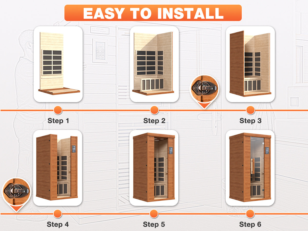 1-Person Sauna Room, Indoor Spectrum Infrared Sauna for Home, Dry Sauna with WiFi/BT Control and 5 Heater Panels, 9-Color Light Therapy, Safe Flame-Retardant Material, Wood Low EMF 1200W/120V Heater, Home Spa and Gym Use