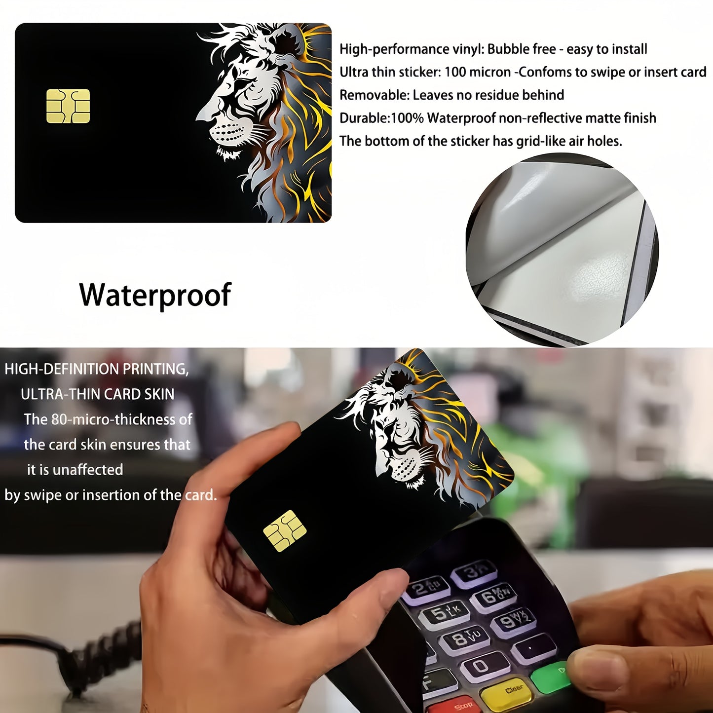 2pcs Fashionable Lion Design Pattern Waterproof Vinyl Stickers, Credit Card Light Beige Covers, Ultra-Thin, High-Quality, Scratch-Resistant, Suitable for Credit Cards, Bank Cards, Bus Cards, Removable Self-Adhesive for Most C