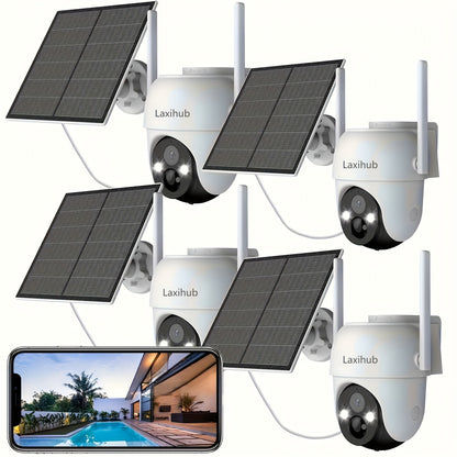 4PC Solar Powered Outdoor Wireless Security Camera 1296P FHD, 3MP FHD Video Resolution Battery Powered CCTV Camera For Home Security Cloud/SD 2.4GHz WiFi AI Motion Detection Spotlight IP65 Waterproof Color Night Vision 2-Way