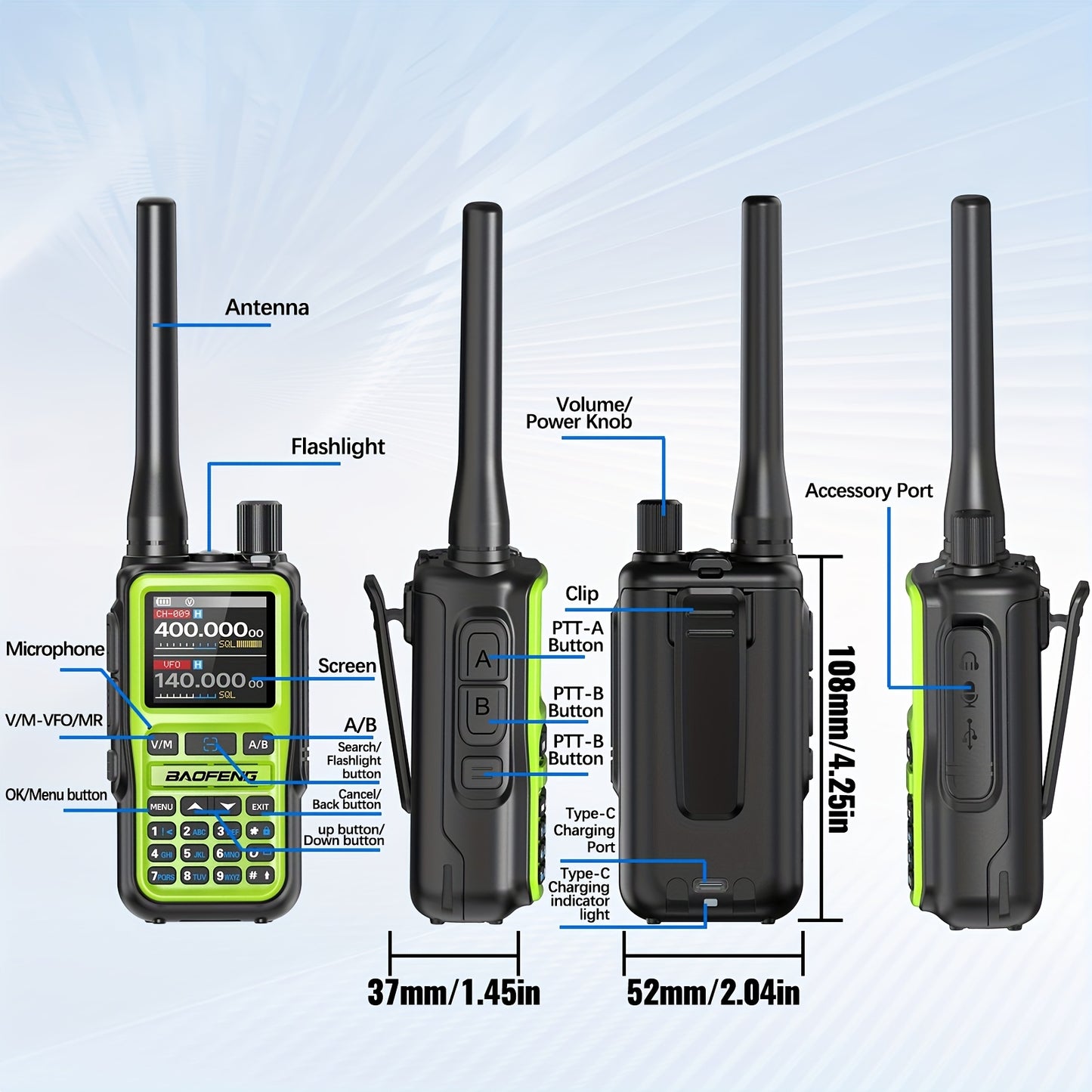 2-Pack Baofeng UV-5R Mini Ham Radio Two-Way Walkie Talkies with NOAA Weather Alerts, Dual PTT, APP Programming & Frequency Copy (999 CH) | USB-C Charging, VHF/VHF/UHF for Hunting, Survival, Skiing, for, Camping, Emergency - C
