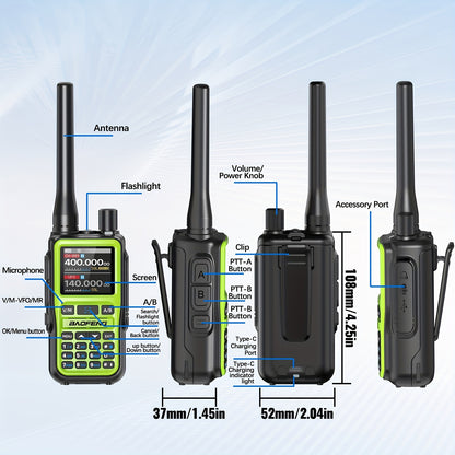 2-Pack Baofeng UV-5R Mini Ham Radio Two-Way Walkie Talkies with NOAA Weather Alerts, Dual PTT, APP Programming & Frequency Copy (999 CH) | USB-C Charging, VHF/VHF/UHF for Hunting, Survival, Skiing, for, Camping, Emergency - C