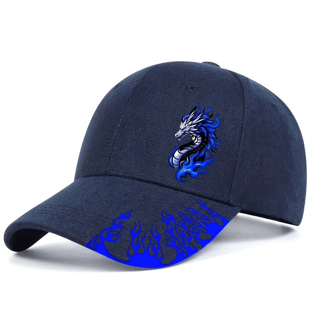 1pc Black Baseball Cap with Blue Flame Dragon Print - Adjustable Street Style Outdoor Sports Hat for Men, Curved Brim Design, Casual Streetwear Accessory | Flame Motif Cap | Adjustable Baseball Cap