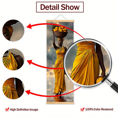 5pcs African Woman Wall Art Set - Bohemian Wood Framed Vertical Panel Paintings with Traditional Dress, Headwrap & Basket - Cultural Canvas Decor for Living Room, Bedroom, Cafe - Hook Installation ( Use)