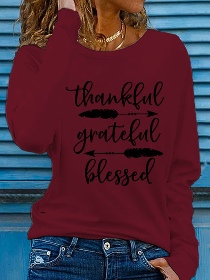 Women's Beige Thankful Grateful Blessed Print Long Sleeve T-Shirt - Loose Fit Round Neck Casual Top with Cursive Lettering & Accent, Soft Comfortable Fabric for Fall Winter Casual Attire, Thanksgiving Christian Apparel, Sprin