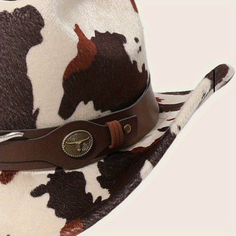 1pc Black Retro Print Wide-Brimmed Cowboy Hat with Anti-Compression Strap & Bull Horns Charm - Durable Non- Material for Outdoor, Camping, BBQ, Street Fashion - Spring/Autumn Western Style