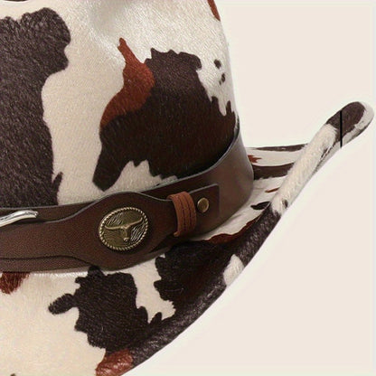 1pc Black Retro Print Wide-Brimmed Cowboy Hat with Anti-Compression Strap & Bull Horns Charm - Durable Non- Material for Outdoor, Camping, BBQ, Street Fashion - Spring/Autumn Western Style