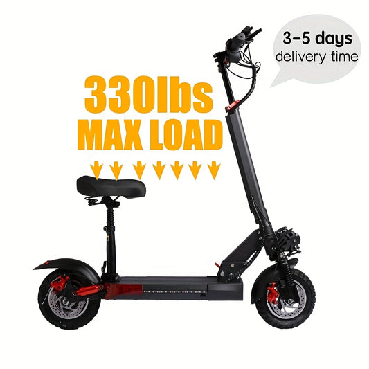UNQYX Adult Folding Electric Scooter, Max Load 300 Lbs, High-power Motor, 48V 15Ah Battery, Range Of 28 Miles, Comfortable Seat, Capable Of Climbs 30-degree Inclines, 10-inch Off-road Tires And Dual Braking System, Portable C