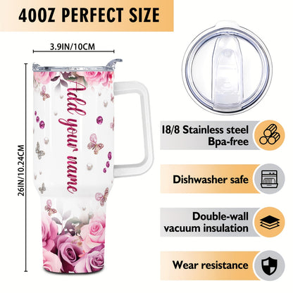 1pc Customized Name Stainless Steel Tumbler | 20oz/22oz/40oz Insulated Water with Lid, Reusable, Round Shape, 304 Stainless Steel, Ideal for Easter, Thanksgiving, Father'S Day, Mother'S Day, Graduation, White Diamond Butterfl