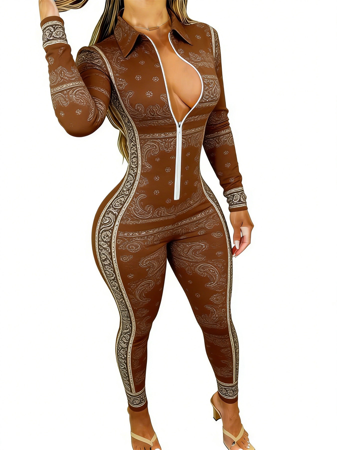 Brown Women's Long Sleeve Jumpsuit with Paisley Print - Slim Fit, Stylish & Sexy for Dates, Parties & Daily Outings, Sizes 2XS-2XL
