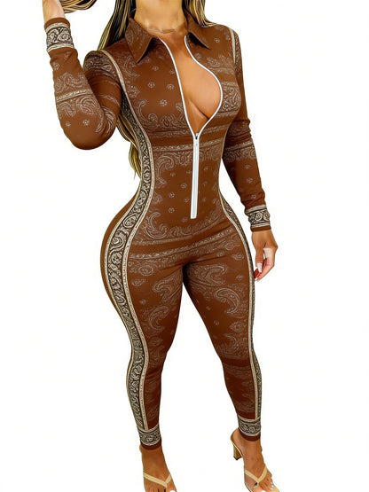 Brown Women's Long Sleeve Jumpsuit with Paisley Print - Slim Fit, Stylish & Sexy for Dates, Parties & Daily Outings, Sizes 2XS-2XL