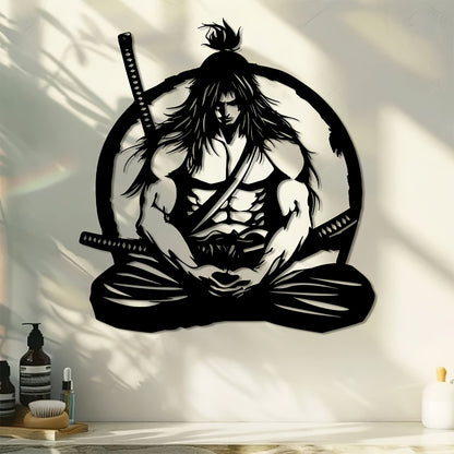 One Samurai metal wall art decoration, 15.74x14.76 inches - detailed sword-wielding warrior design, suitable for home, courtyard, balcony - perfect gift for new homes, weddings, Mother's Day, Father's Day, samurai decoration
