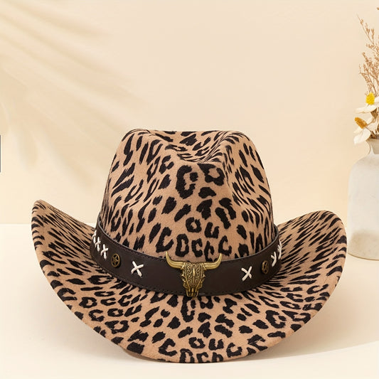 2pcs Stylish Unisex Cowboy Hats with Leopard Print & Detachable Bull Headband - Durable Polyester, Perfect for Outdoor Travel & Casual Attire, Mixed Colors, Cowboy Accessories, Travel Headwear, Bold Fashion Accessory, Texture