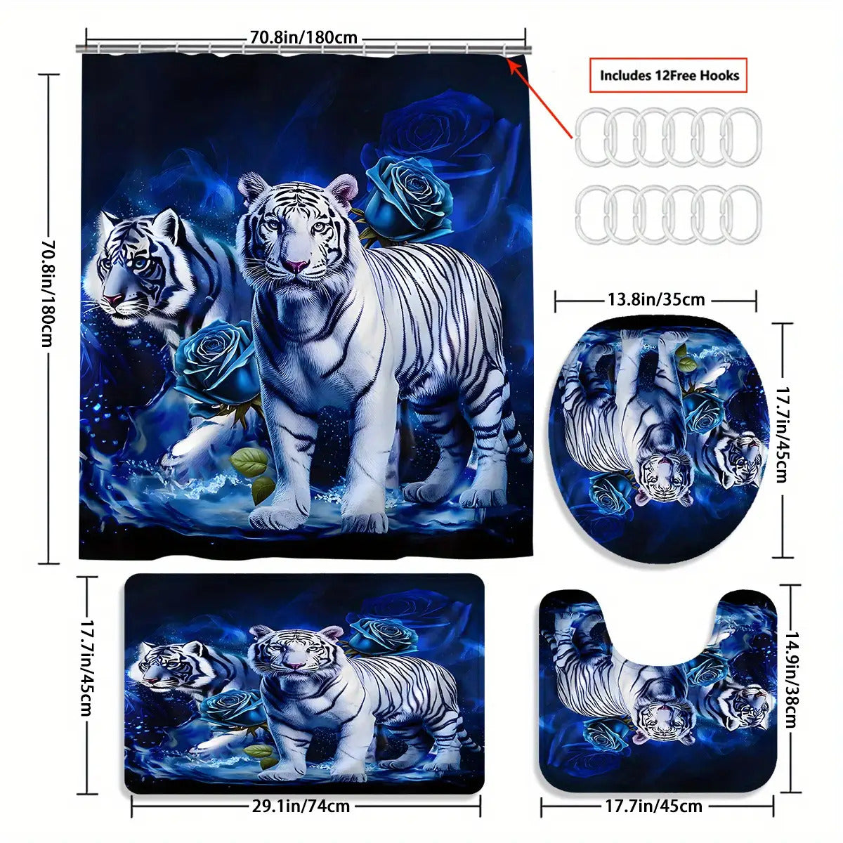 4pcs White Tiger & Blue Rose Bathroom Set - Wet/Dry Shower Curtain System with Non-Slip Mats, Toilet Lid Cover & U-Shaped Mat, 12 Hooks - Luxury Animal Print Bath Decor (Machine Washable, All-Season Use)