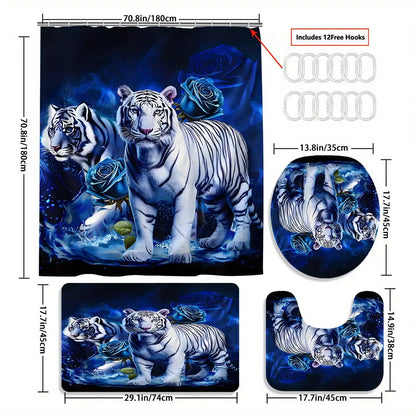 4pcs White Tiger & Blue Rose Bathroom Set - Wet/Dry Shower Curtain System with Non-Slip Mats, Toilet Lid Cover & U-Shaped Mat, 12 Hooks - Luxury Animal Print Bath Decor (Machine Washable, All-Season Use)