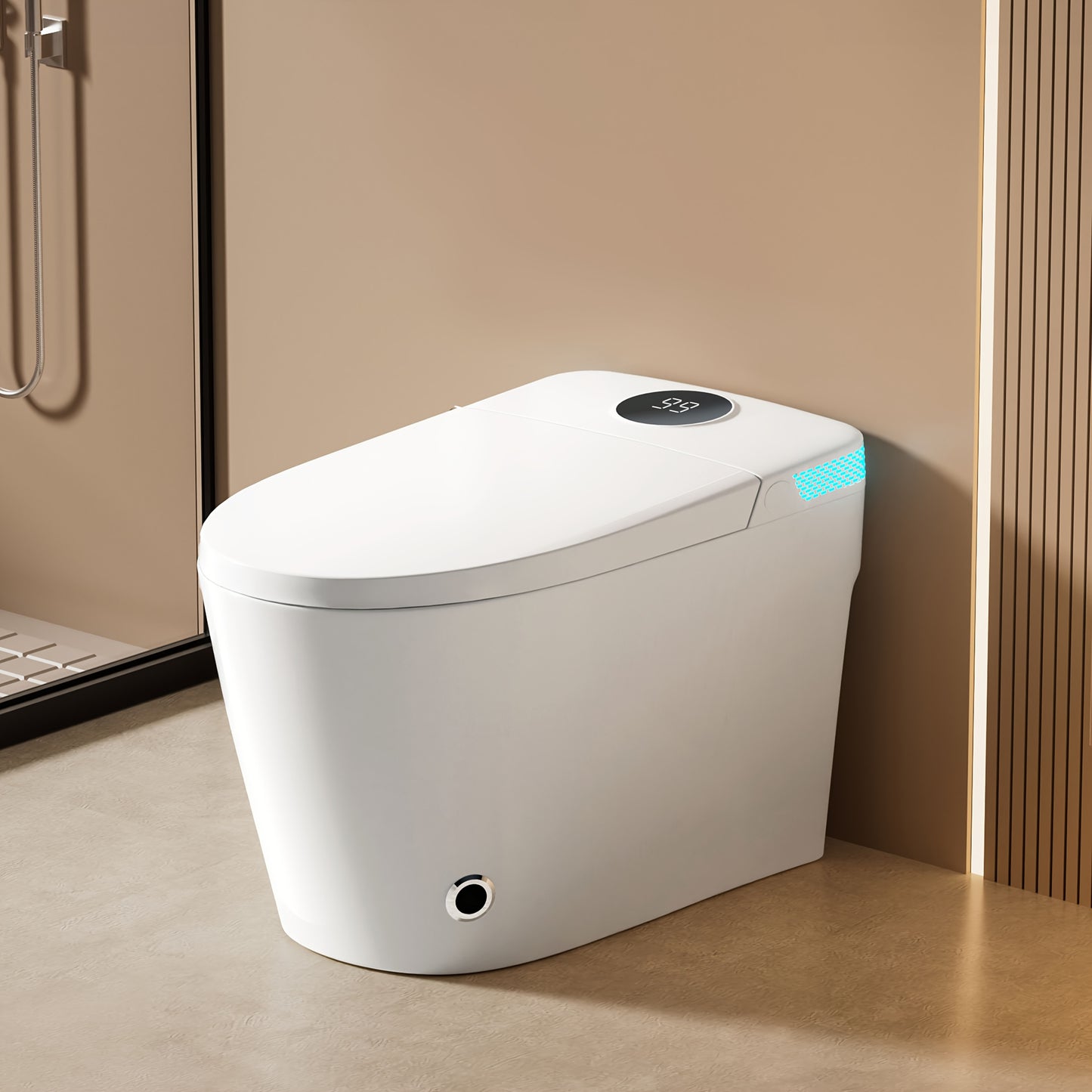 This Integrated Smart Toilet Features a Heated Seat, Night Light, Multiple Cleaning Functions, a Dual Flush System with Various Washing Modes, a Detachable Spray Wand, Drying Function, Automatic Lid Lift, Bathroom Slow-Close
