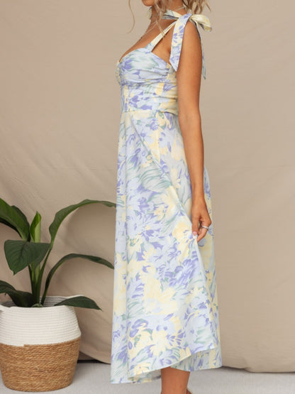 V-Neck Print Waist-Cinching Dress | SCACTO Women'S Design Sense Dress with Strap Design, Long Sleeve, Button Details, Perfect for Spring/Fall