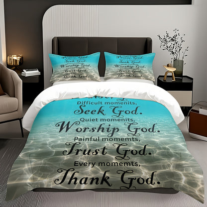 Blue-Green Gradient Duvet Cover Set with Inspirational Christian Quotes - Soft Polyester, Machine Washable, Includes 1 Duvet Cover & 2 Pillowcases, All-Season Gift for Home Use, Perfect for Family and Friends, Machine Washabl