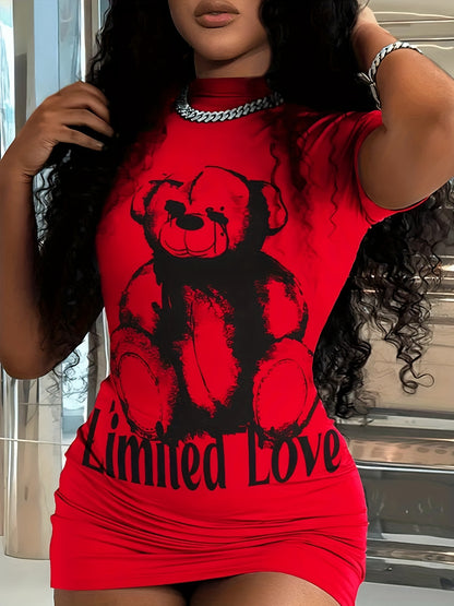 Women'S Sexy Bodycon Mini Dress - Red Teddy Bear Graphic, Form-Fitting Party & Everyday Outfit, All-Season Chic Outfit for Women, Casual Wear, High Neckline, Comfortable Fit, Trendy Outfit, Fashion Lovers, Night Out, Durable