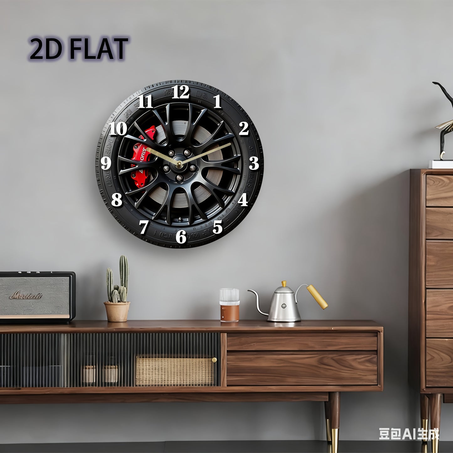 Modern minimalist car decoration - 12-inch silent wall clock, black wheels and red brake calipers, 2D flat surface - suitable for garages, living rooms, offices, industrial fashionable home decoration, garage decoration, uniq