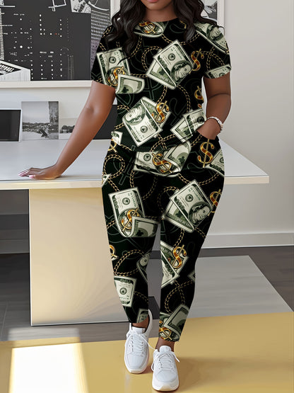 Women's Short-Sleeved Trouser Suit Sets 3d Printed Patterns Casual Suit Women's Short-Sleeved 2pcs Outfits Fall Winter Trouser Suit with Pockets - Short Sleeve, Crew Neck, Straight Leg, Comfortable Daily Wear, Stylish Casualw