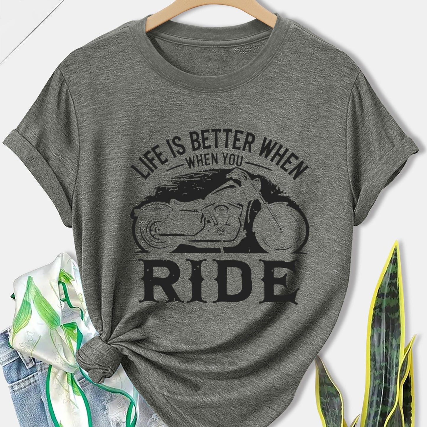 Women'S Motorcycle Graphic Long Sleeve T-Shirt - Turquoise Riding Slogan Print, Loose Fit Casual Top with Round Neck, All-Season Comfort for Motorcycle Enthusiasts, Outdoor Riding & Casual Attire, Breathable & Durable Apparel