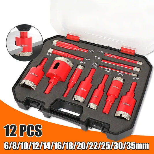 A Set of 12 Diamond-Tipped Drill Bits for Both Dry And Wet Use, Ranging from 6mm to 35mm, Tool Gifts Suitable for DIY Projects And Home Renovations. They Can Drill Through Hard Materials Like Tiles, Glass, Marble, And Stone S