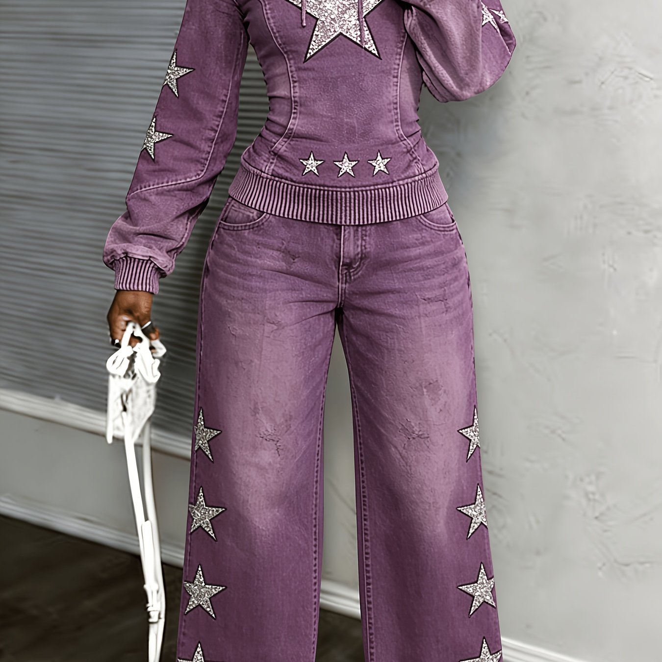 [Printed Pants - Not Denim Fabric] [Non-denim] Women's Flat Print Trendy Casual Long-Sleeved Hooded Drawstring Sport Top + High-Waisted Sport Pants]