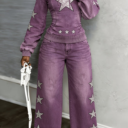[Printed Pants - Not Denim Fabric] [Non-denim] Women's Flat Print Trendy Casual Long-Sleeved Hooded Drawstring Sport Top + High-Waisted Sport Pants]