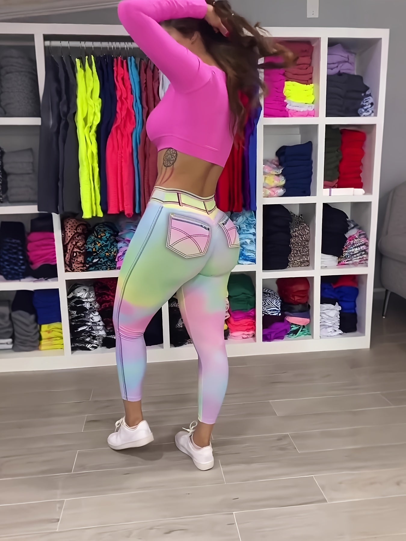 Women's High Waisted Butt Lifting Rainbow Gradient Leggings - Denim Pocket Print Stretchy Yoga Pants for Workout & Daily Casual Wear