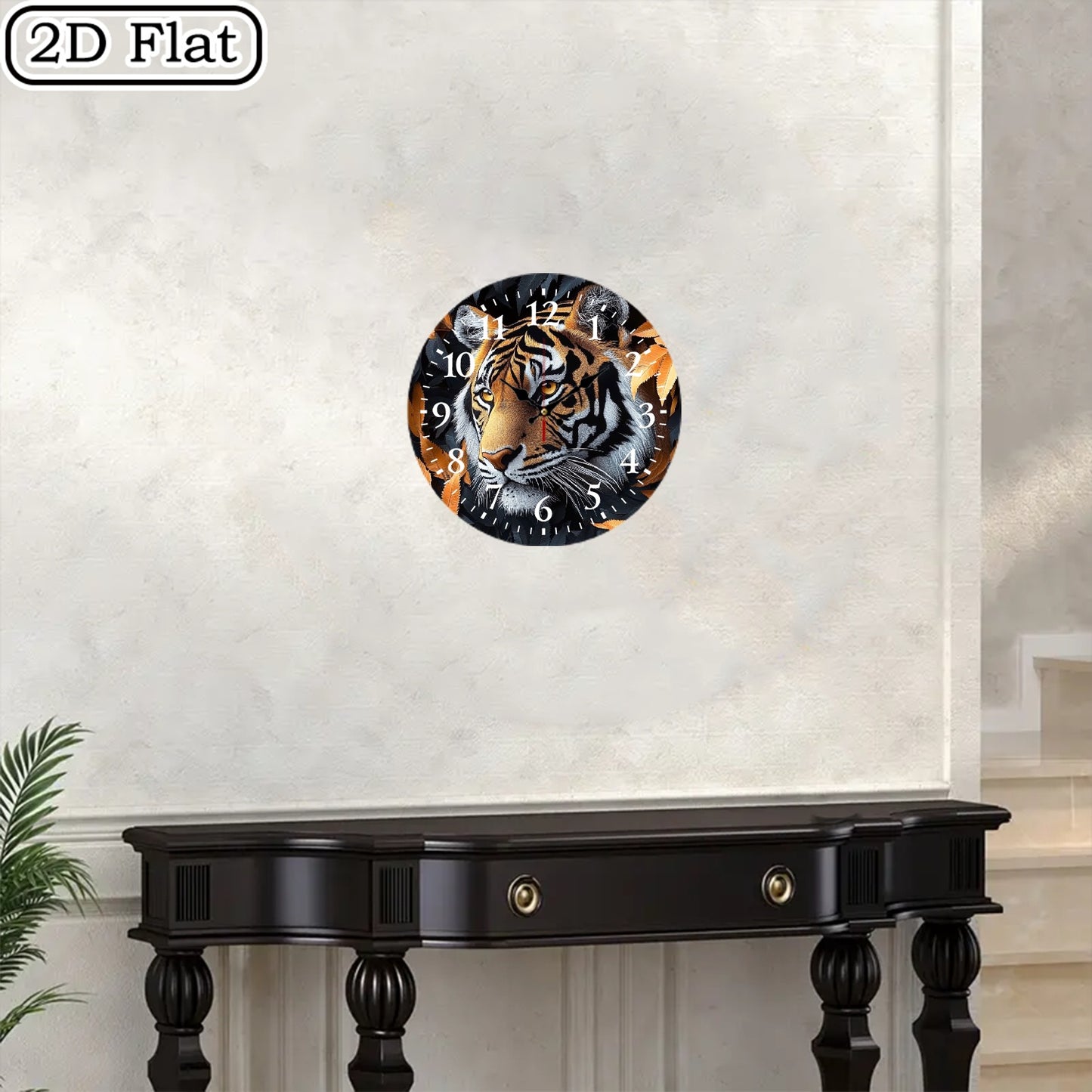 10x10 Inch Round Wooden Wall Clock with Tiger Head & Orange Leaves Design - Silent Non-Ticking Battery-Powered Modern Black/White Face, Golden Hands - Home Office Bedroom Decor, Wildlife-Themed Gift for Halloween Christmas (A