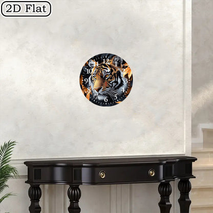 10x10 Inch Round Wooden Wall Clock with Tiger Head & Orange Leaves Design - Silent Non-Ticking Battery-Powered Modern Black/White Face, Golden Hands - Home Office Bedroom Decor, Wildlife-Themed Gift for Halloween Christmas (A