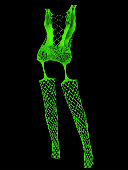 1pc Women's Glow-in-the-Dark Fishnet Onesie - Blue Fluorescent Glow Under Black Light - Activated Luminous High-Stretch Leggings with Skeleton Design - No Padding & Hand Washable - Sexy Lingerie for Valentine's Day, Music Fes