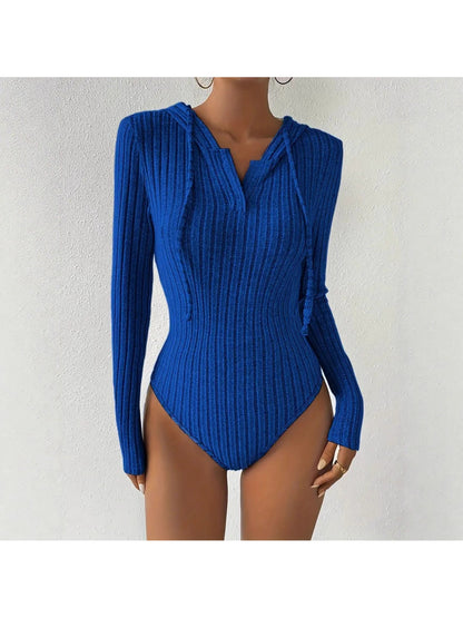 Women's Jumpsuit, V-neck Hooded Jumpsuit for Women, High-slit Bikini-style Slim-fit Loungewear, Brushed Ribbed Hooded Solid Color Jumpsuit and Romper