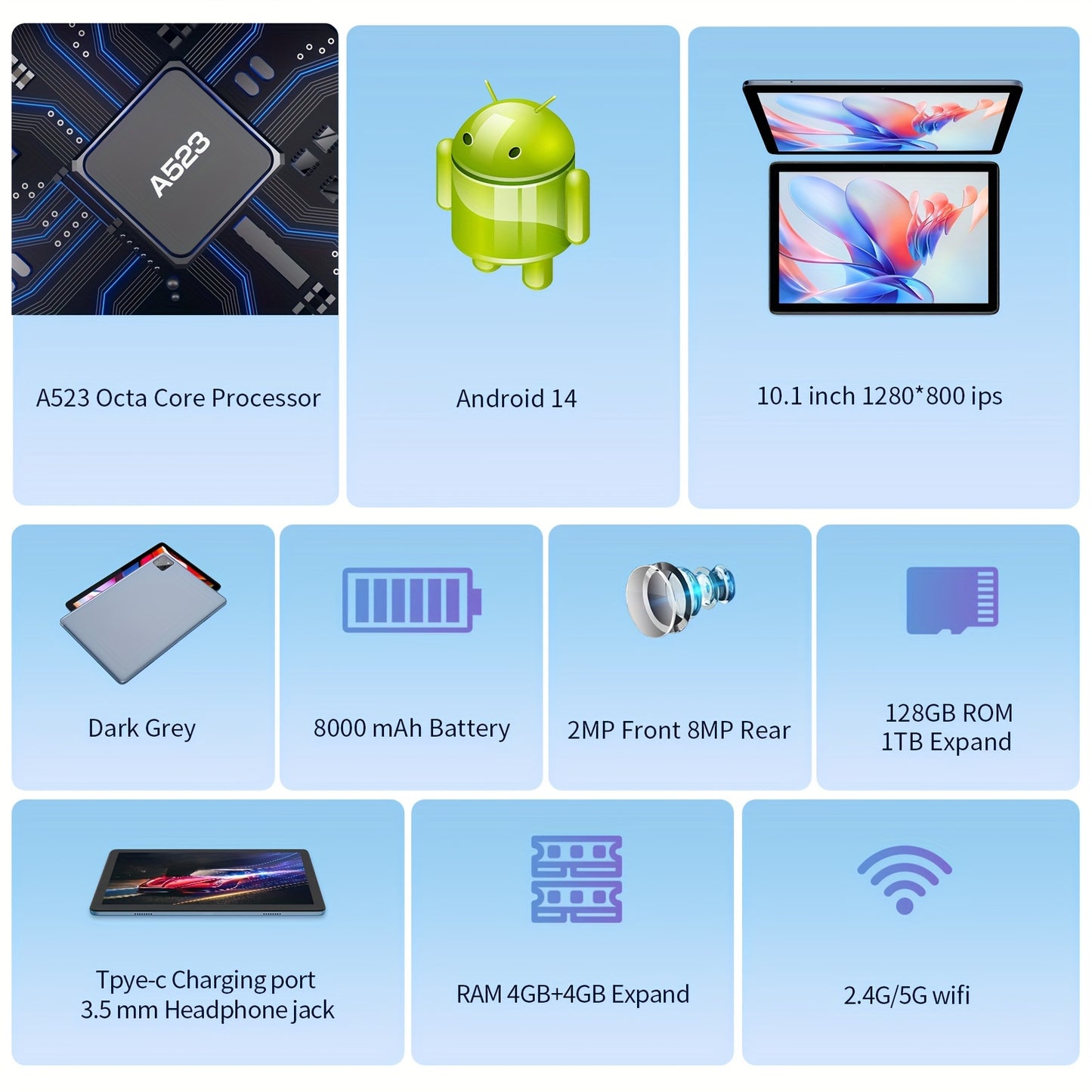 PRITOM Tablet 10.1-inch Android 14 operating system Tableta, 2-in-1 tablet with keyboard, mouse, protective case, stylus, 128GB ROM+(4GB+4GB expansion) RAM, 8MP dual camera, 8-core processor, 8000mAh battery, 1280 * 800IPS hi