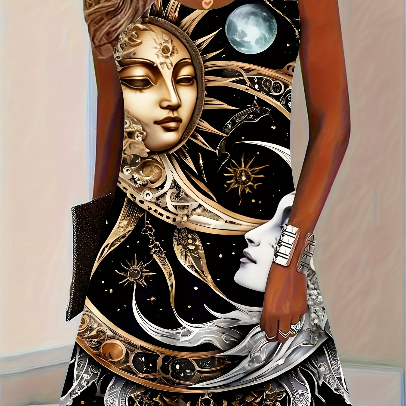 Women's Black & Golden Celestial Dresses - Sleeveless Party & Formal Outfits with Sun/Moon/Stars Print, Machine Washable Opaque Fabric Midi Dress for Everyday & Special Events, Dresses for Party, Versatile Fashion, Sophistica