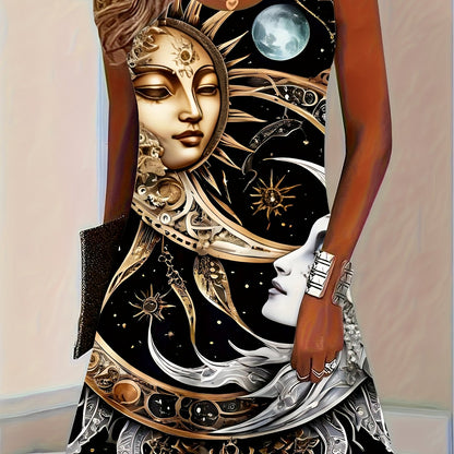 Women's Black & Golden Celestial Dresses - Sleeveless Party & Formal Outfits with Sun/Moon/Stars Print, Machine Washable Opaque Fabric Midi Dress for Everyday & Special Events, Dresses for Party, Versatile Fashion, Sophistica