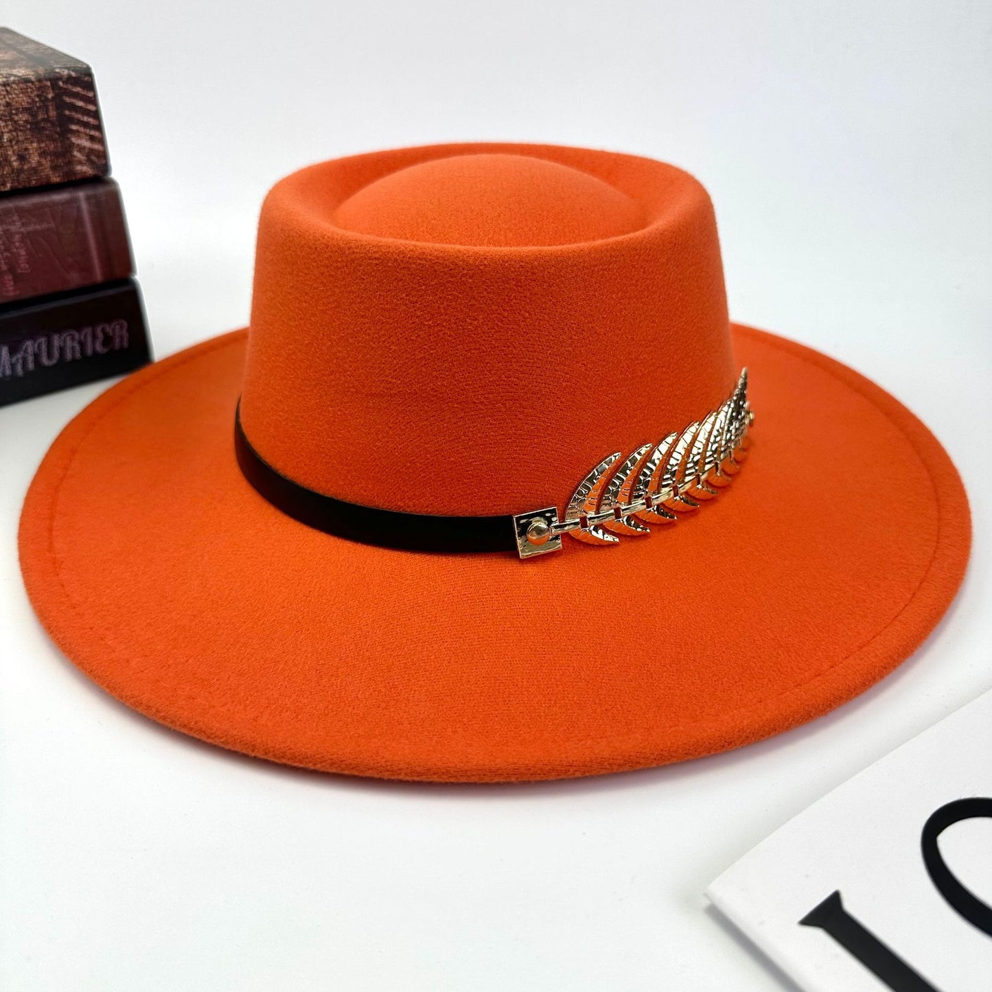 1pc Women'S Retro Wide-Brimmed Fedora Hat with Metal Crescent & Black Leather-like Band - Vibrant Orange/Red/Green/Black/Navy Blue/Purple/White - Elegant Non-Stretch Design for Autumn Winter, Music Festivals, Christmas & Dail