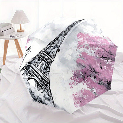 Automatic Open/Close Umbrella with Eiffel Tower Design - Parisian Landmark Pattern in Black/White/Pink/, Compact Folding Parasol with 8-Rib Sturdy Frame, Auto Umbrella for Travel, Everyday & Special Events - Ideal French Trav