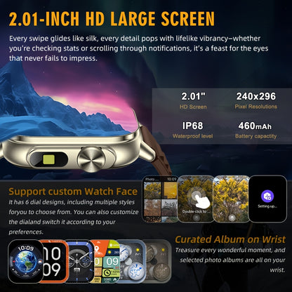 New 2.01-Inch Large Screen GPS Smartwatch with Precise Tracking, Route Display, Wireless Calls, Message Alerts, LED Flashlight, High-Quality Design, 100+ Sports Modes, Compass, Barometer, 460mAh Battery, IP68 Waterproof – E