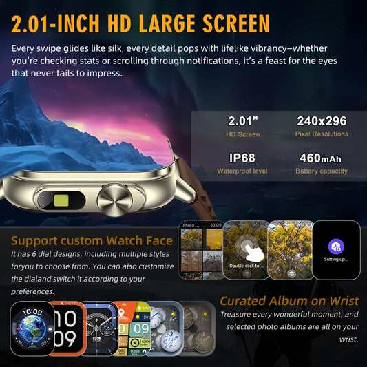 New 2.01-Inch Large Screen GPS Smartwatch with Precise Tracking, Route Display, Wireless Calls, Message Alerts, LED Flashlight, High-Quality Design, 100+ Sports Modes, Compass, Barometer, 460mAh Battery, IP68 Waterproof – E