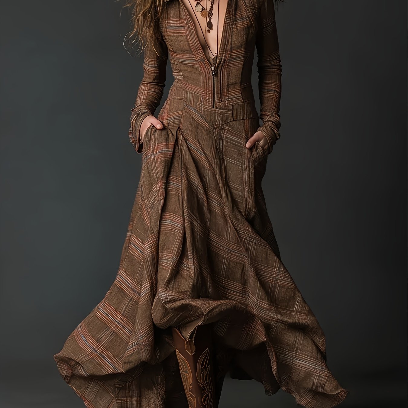 Brown Retro Checkered Print Stand-up Collar Front Zipper Long Dress, Casual, Elegant And Fashionable for Outings And Dinners