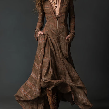 Brown Retro Checkered Print Stand-up Collar Front Zipper Long Dress, Casual, Elegant And Fashionable for Outings And Dinners
